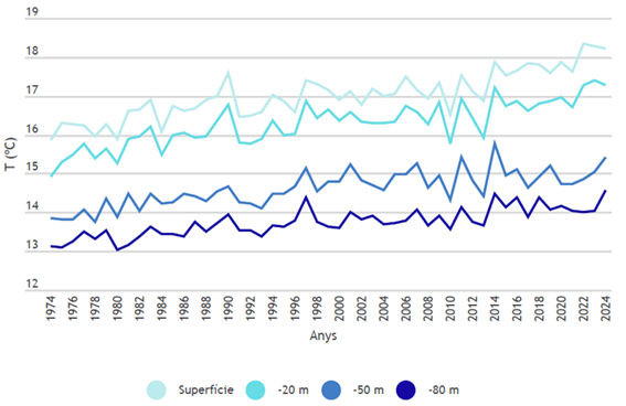 Temperatura mitjana anual de l'aigua del mar a l'Estartit a diferents fondàries